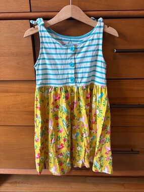 Mini Boden Turquoise & White Striped Girls Dress with Yellow Print Skirt